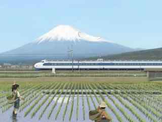 富士山下的水田插秧卡通版电脑壁纸