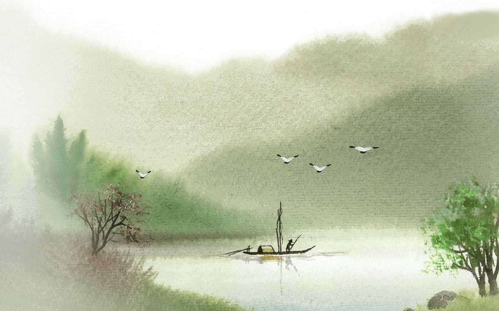 绿水青山风景插画壁纸