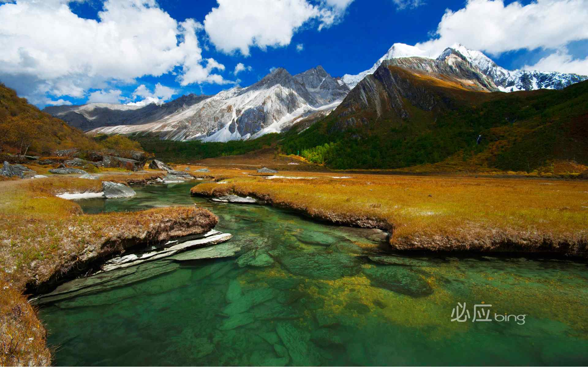 高原雪山溪流摄影壁纸